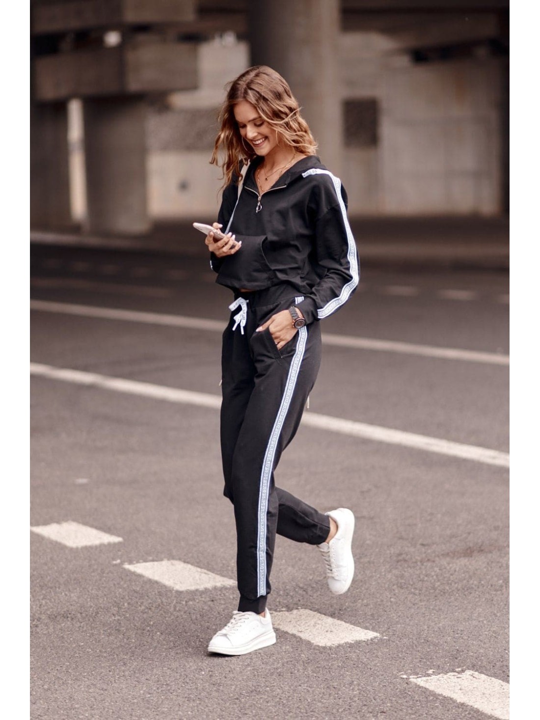 Women\'s tracksuit set with a stripe, black FI659 - Online store - Boutique